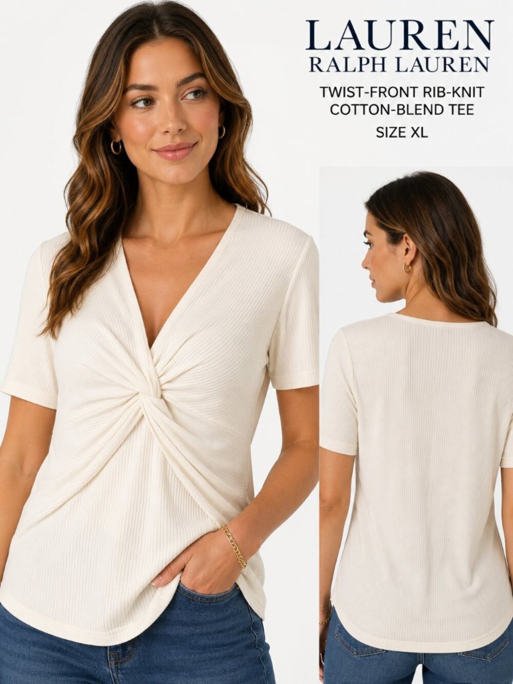 NWT Lauren Ralph Lauren Twist Front Rib Knit Tee Winter Cream XL